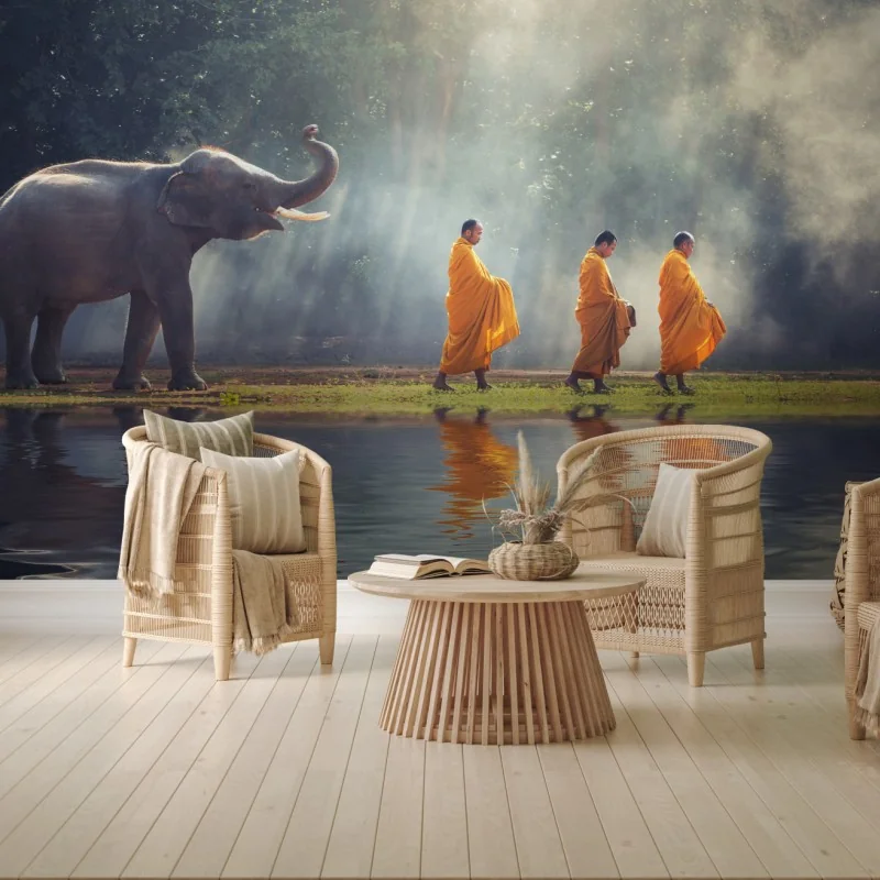Carta da parati monaci e elefante cammino sacro in Thailandia