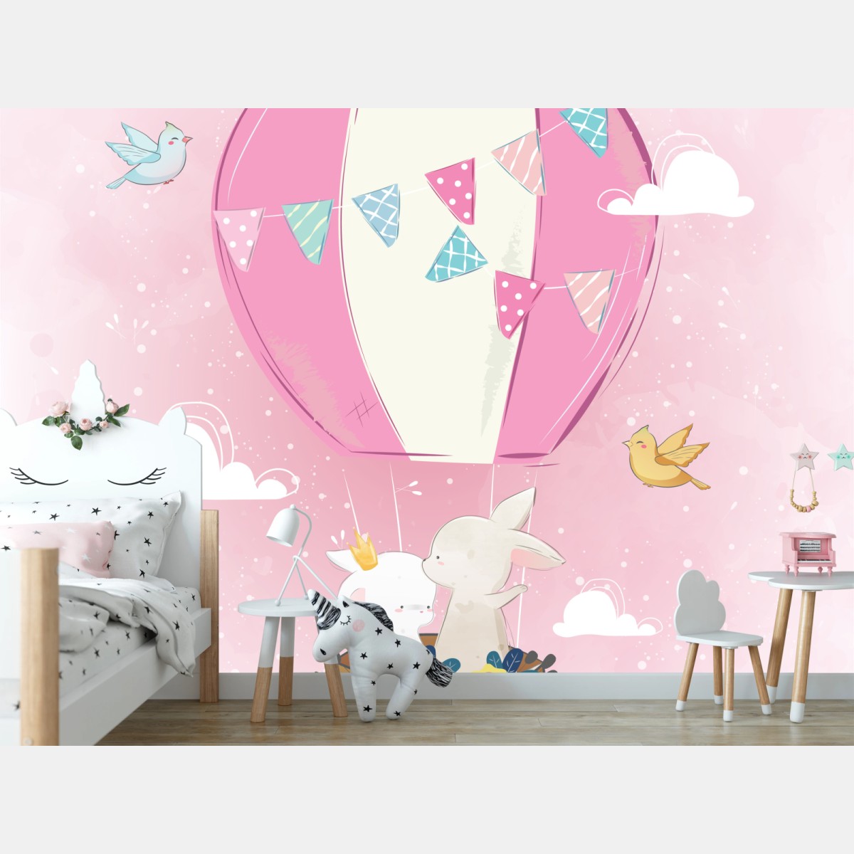 Carta da parati coniglietti in mongolfiera rosa • Wallissimo®