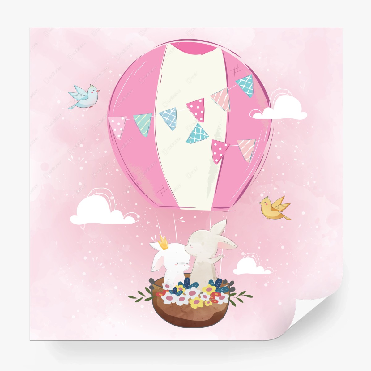 Carta da parati coniglietti in mongolfiera rosa • Wallissimo®