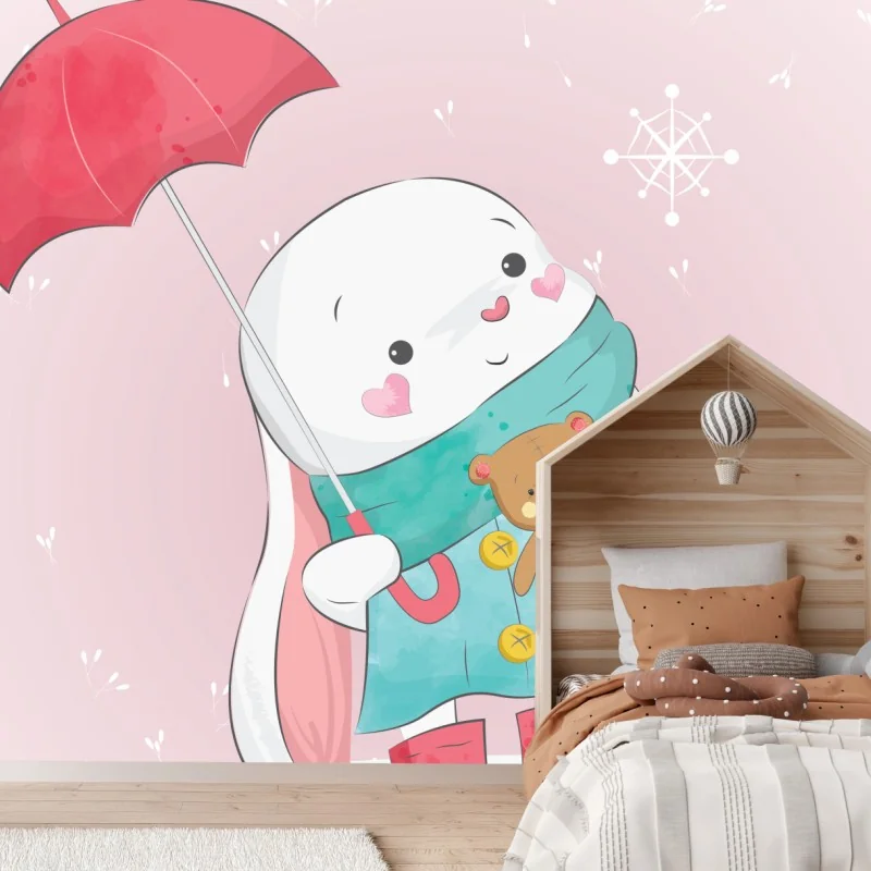 Carta da parati coniglietto con ombrello e orsacchiotto