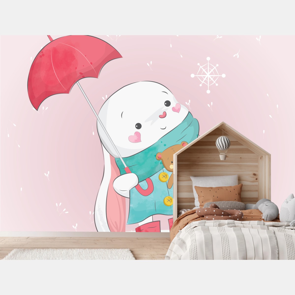 Carta da parati coniglietto con ombrello e orsacchiotto • Wallissimo®