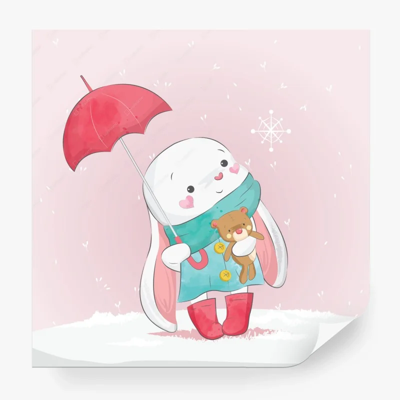 Carta da parati coniglietto con ombrello e orsacchiotto