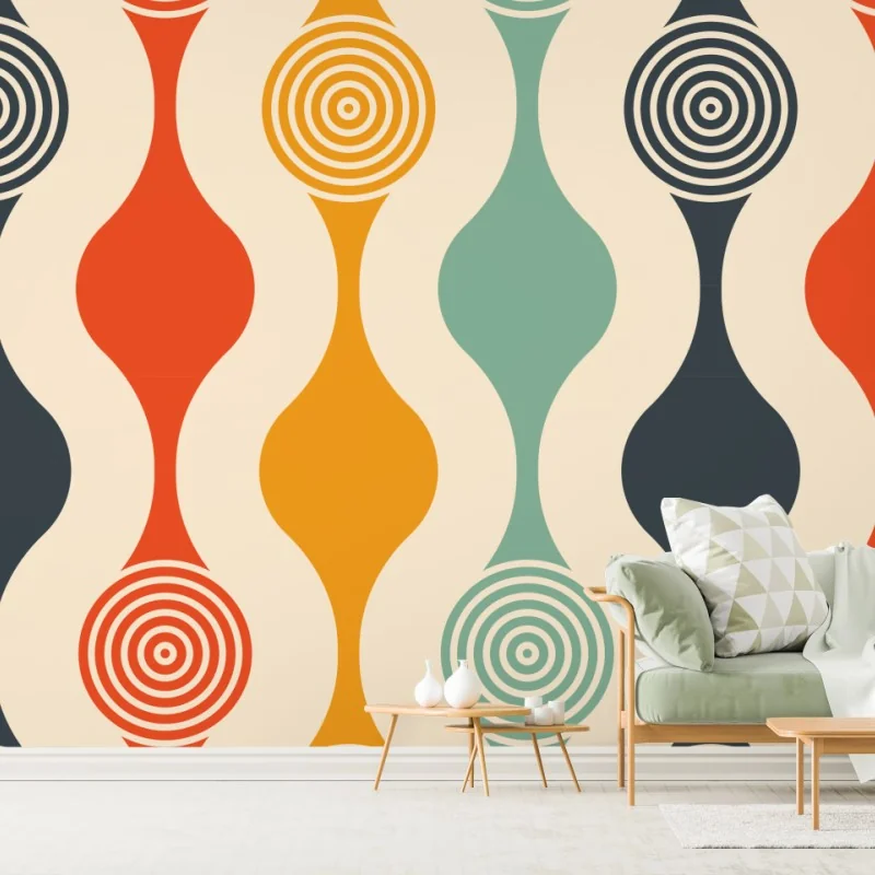 Carta da parati motivo retrò a onde e cerchi concentrici