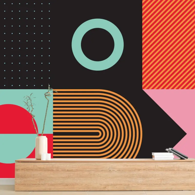Carta da parati motivo geometrico brutalista dai colori vivaci