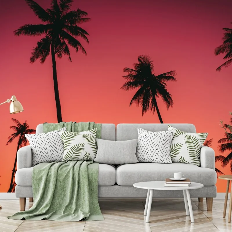 Carta da parati tramonto tropicale con palme al vento