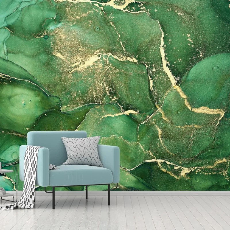 Carta da parati marmo astratto verde smeraldo con venature dorate