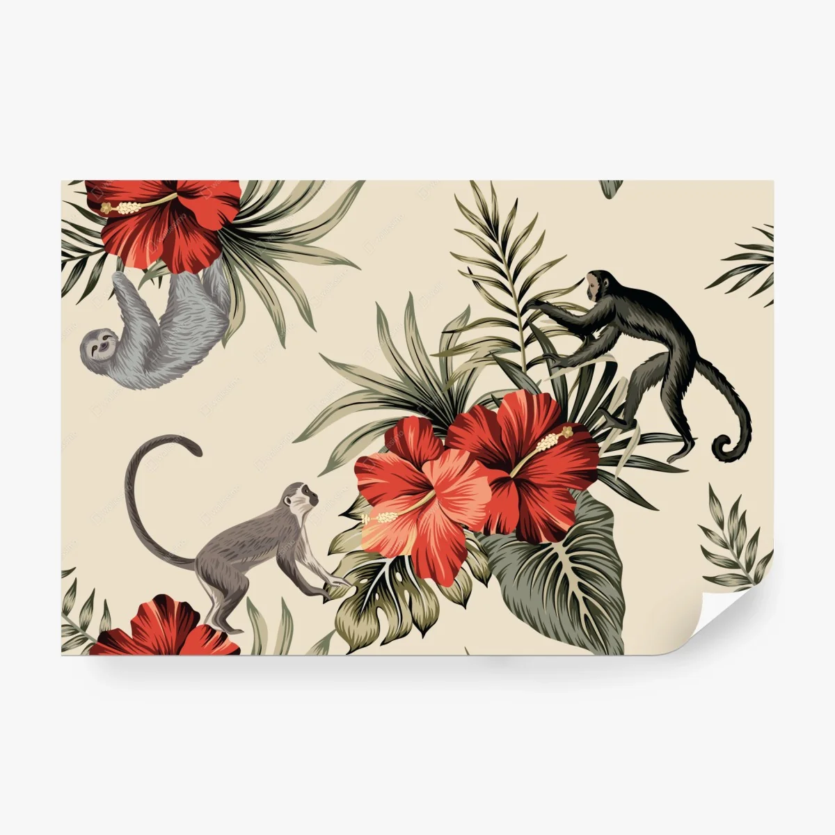 Carta da parati giungla esotica con fiori rossi e scimmie • Wallissimo® Carta da parati giungla esotica con fiori rossi e scimmie • Wallissimo®