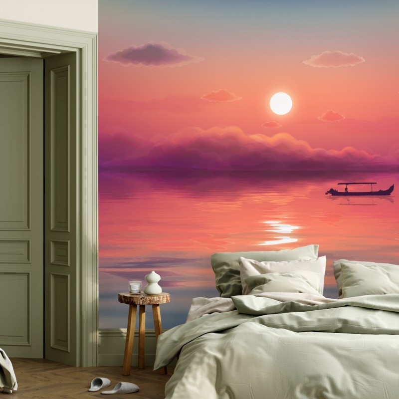 Carta da parati tramonto rosa e barca solitaria