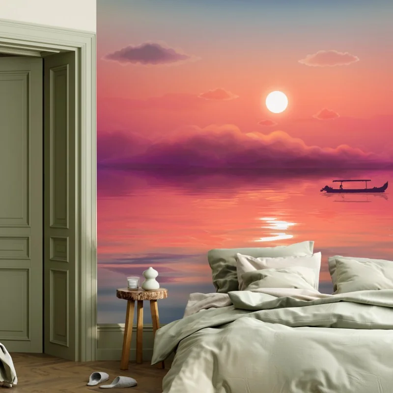 Carta da parati tramonto rosa e barca solitaria