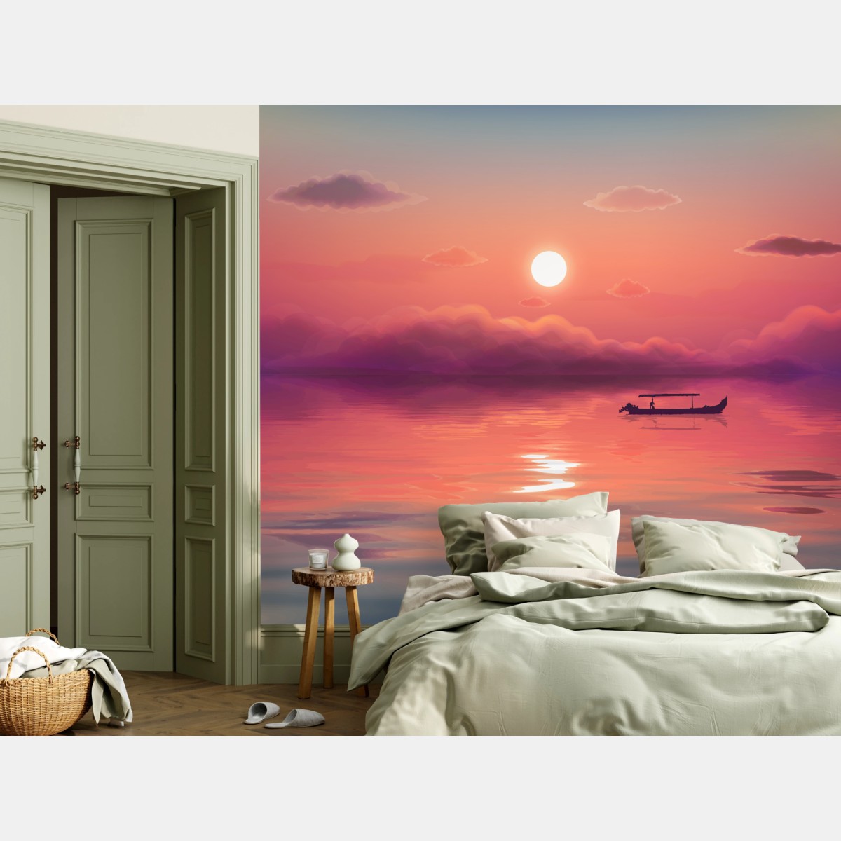 Carta da parati tramonto rosa e barca solitaria • Wallissimo® Carta da parati tramonto rosa e barca solitaria • Wallissimo®