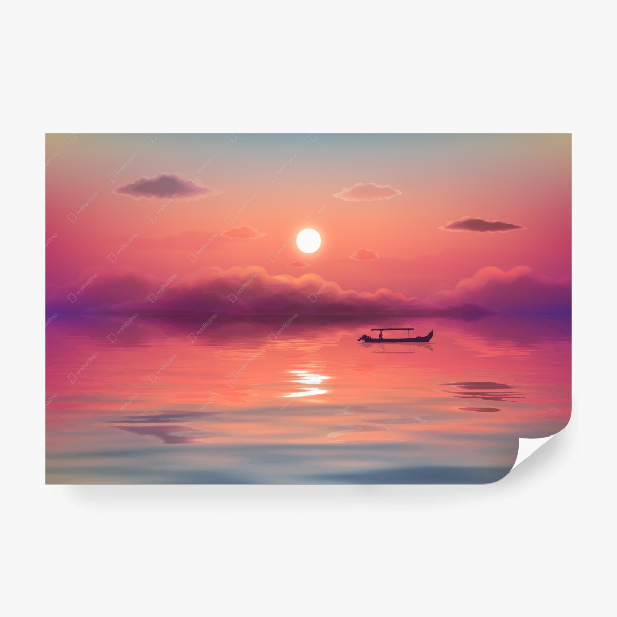 Carta da parati tramonto rosa e barca solitaria • Wallissimo® Carta da parati tramonto rosa e barca solitaria • Wallissimo®