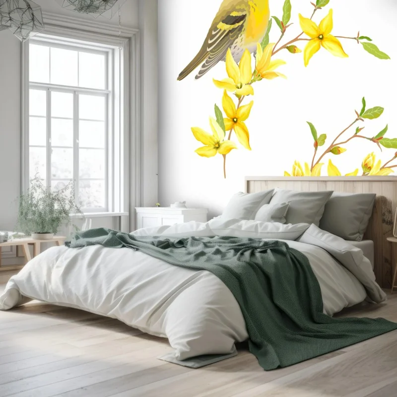 Carta da parati uccellino primaverile tra fiori gialli