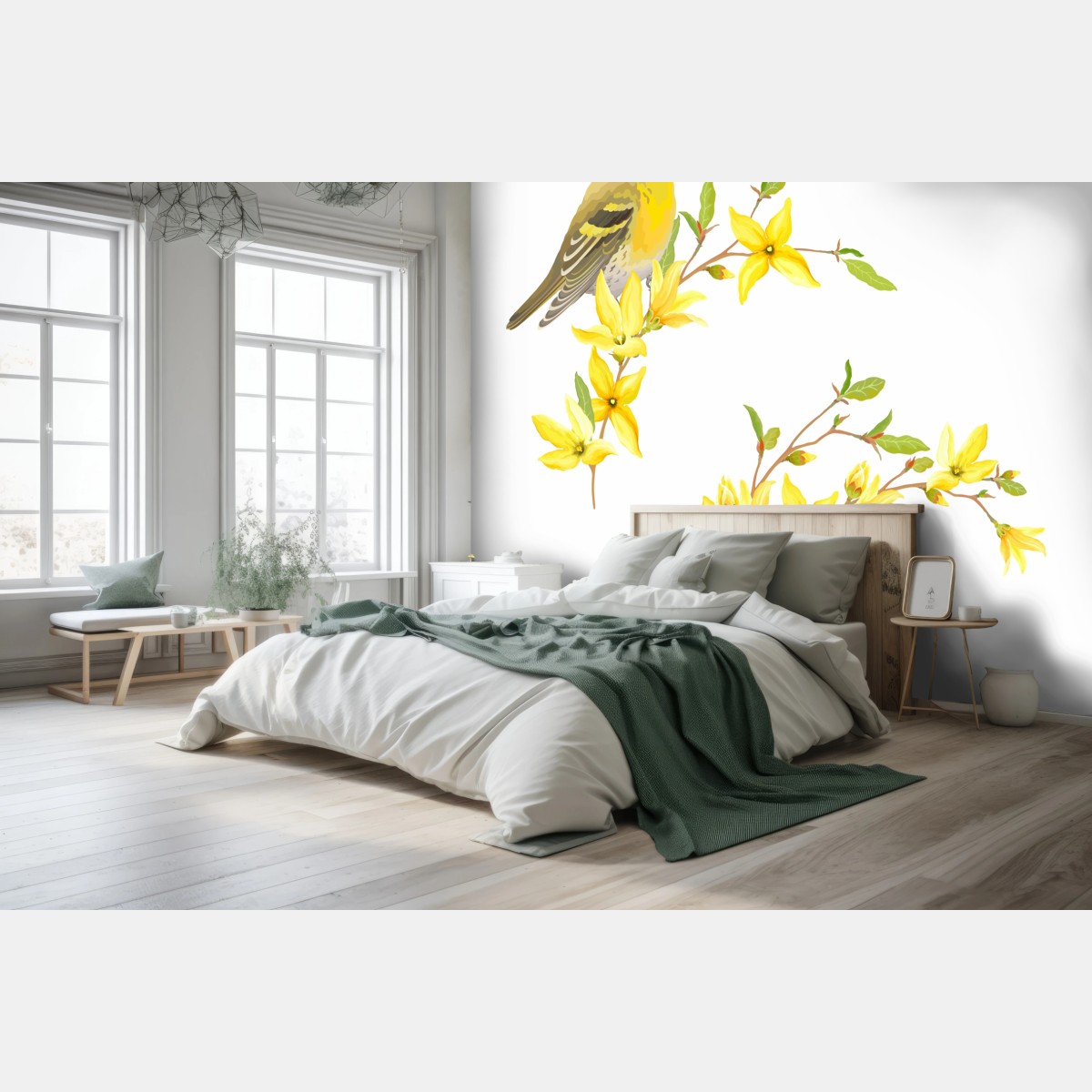 Carta da parati uccellino primaverile tra fiori gialli • Wallissimo®