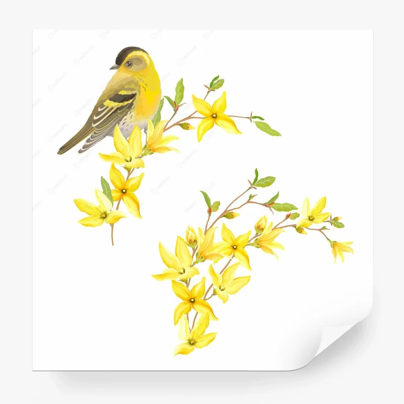 Carta da parati uccellino primaverile tra fiori gialli