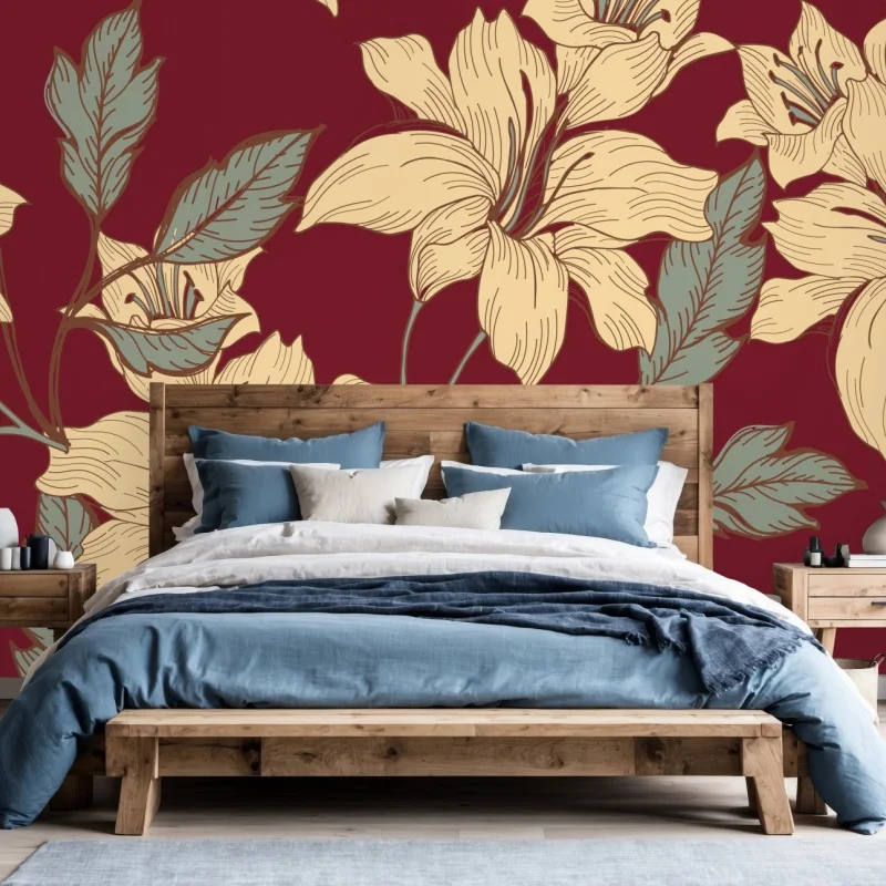 Carta da parati motivo floreale di gigli su fondo rosso profondo