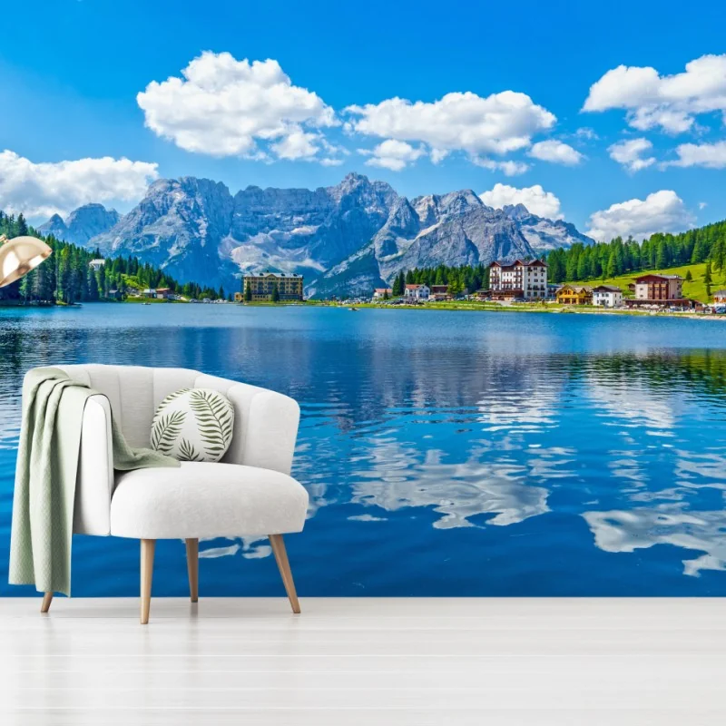 Carta da parati riflessi alpini sul lago di Misurina