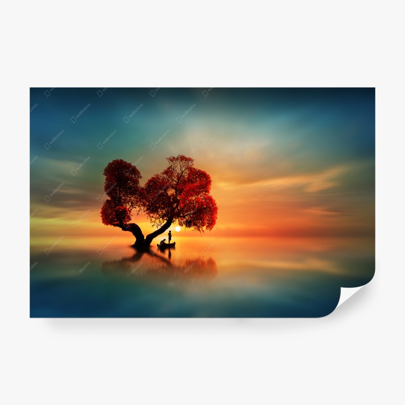 Carta da parati albero rosso al tramonto con barca solitaria