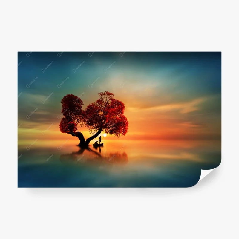 Carta da parati albero rosso al tramonto con barca solitaria