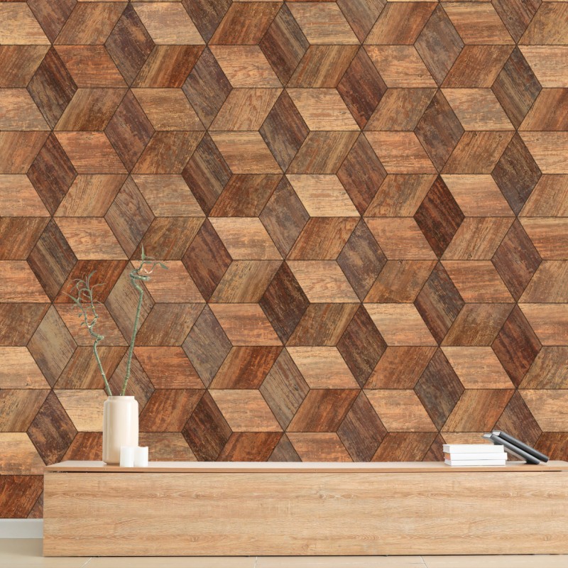 Carta da parati motivo parquet esagonale effetto 3d
