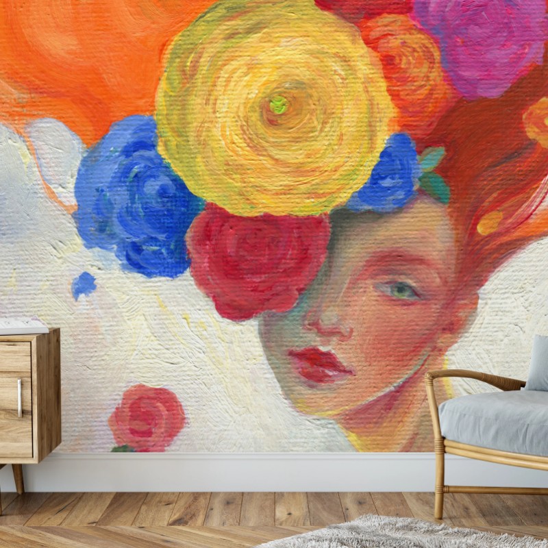 Carta da parati ritratto onirico di donna con fiori nei capelli