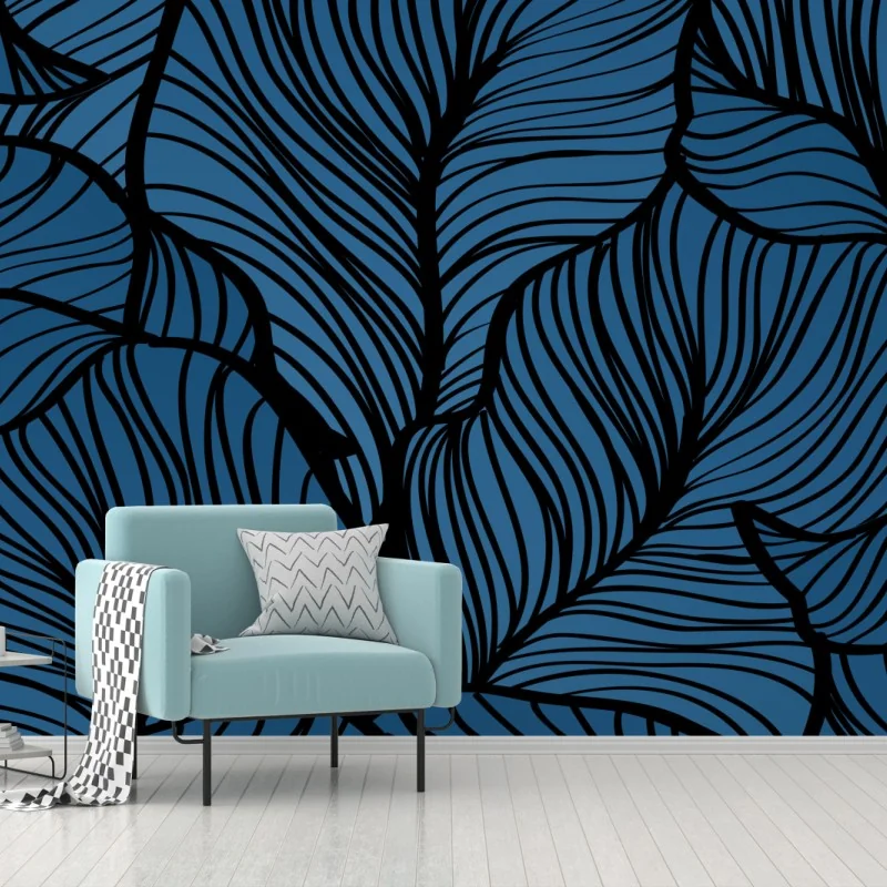 Carta da parati motivo di foglie blu elegante