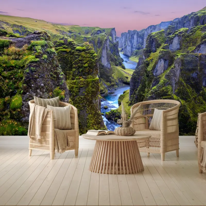 Carta da parati panoramica del canyon Fjaðrárgljúfur al tramonto