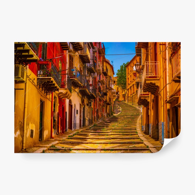 Carta da parati scalinata soleggiata nel borgo colorato