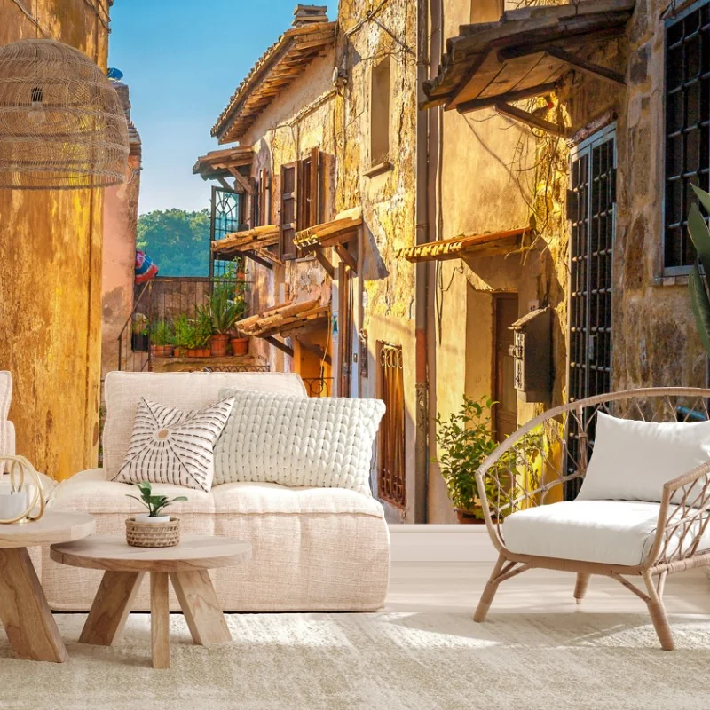 Carta da parati vicoletto medievale in Toscana al tramonto
