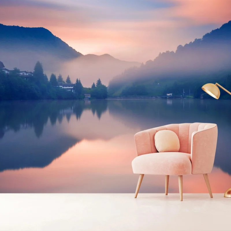 Carta da parati mattino nebbioso sul lago di montagna