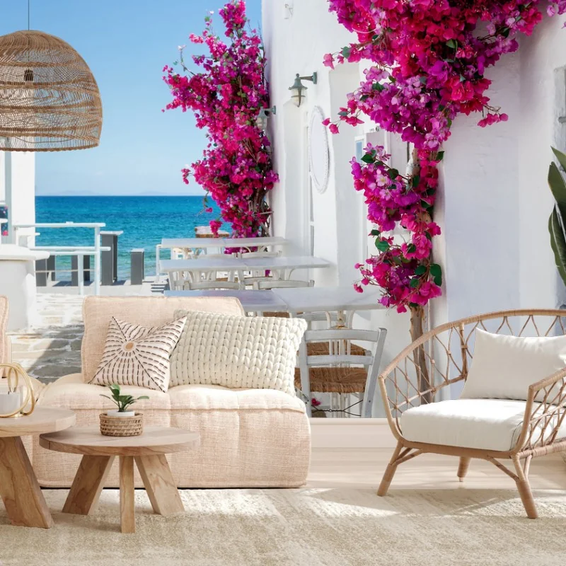 Carta da parati scorcio mediterraneo fiorito sul mare