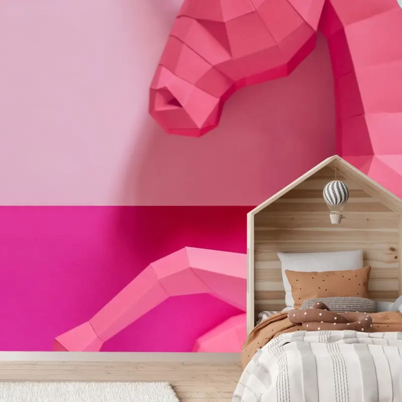 Carta da parati unicorno geometrico rosa su sfondo bicolore
