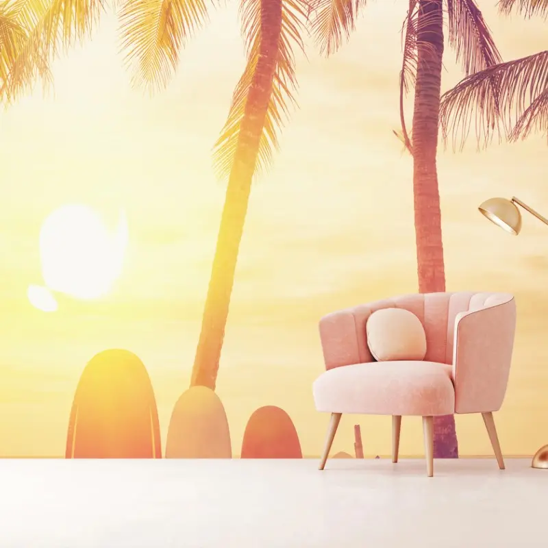Carta da parati tramonto tropicale con tavole da surf