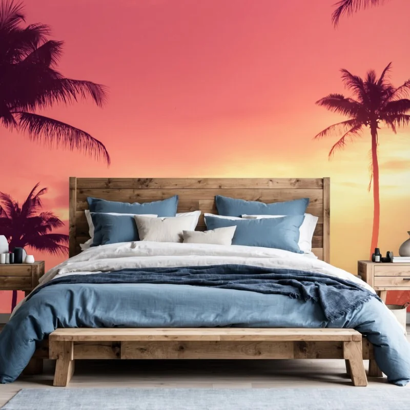Carta da parati tramonto tropicale con palme in silhouette