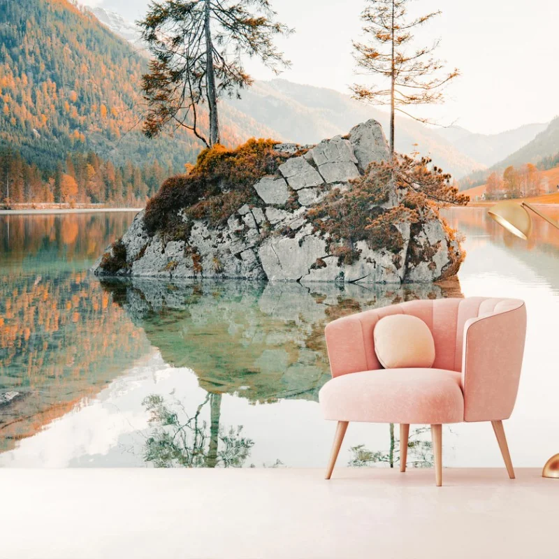 Carta da parati riflessi al tramonto sull'isola del lago Hintersee