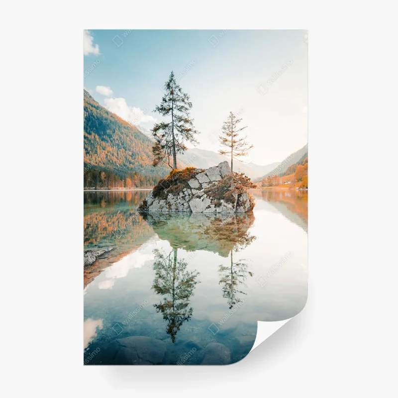 Carta da parati riflessi al tramonto sull'isola del lago Hintersee