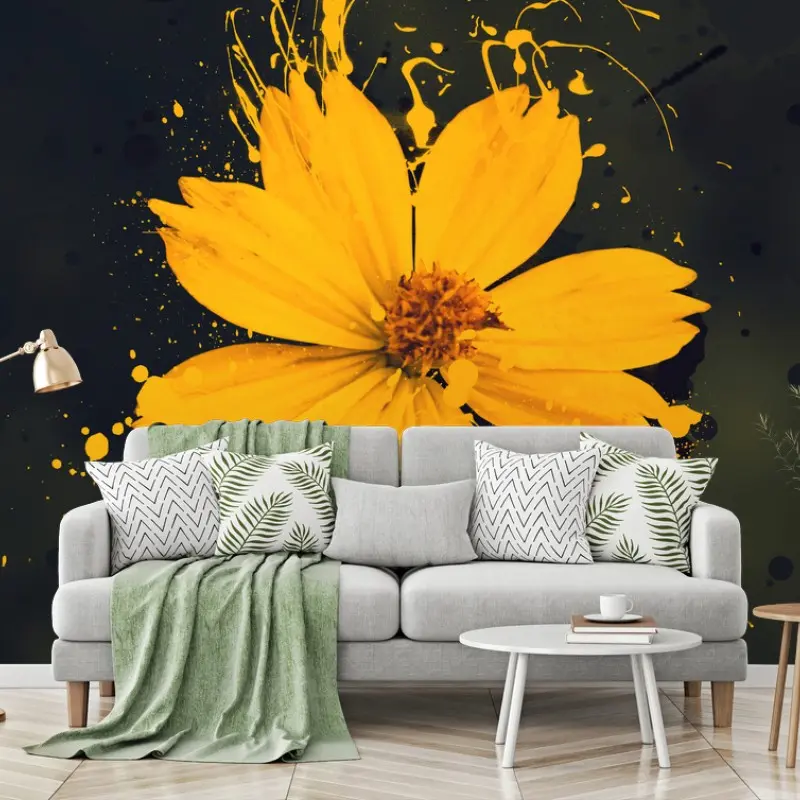 Carta da parati fiore giallo su sfondo scuro in stile splash