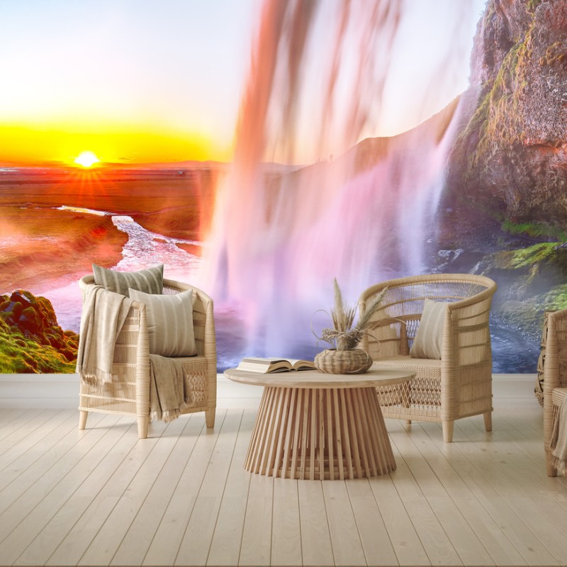 Carta da parati magia della cascata di Seljalandsfoss al tramonto, Islanda