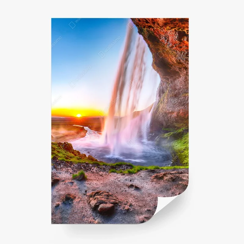 Carta da parati magia della cascata di Seljalandsfoss al tramonto, Islanda