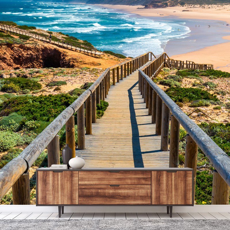 Carta da parati passerella verso l'oceano a Praia da Bordeira