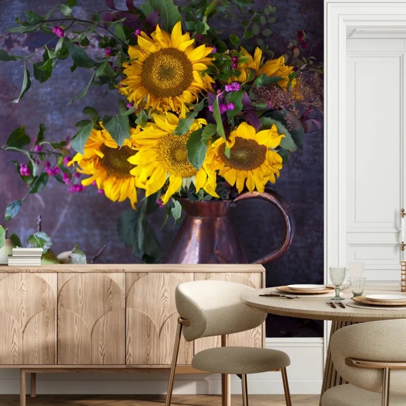 Carta da parati girasoli e pere su tavolo rustico