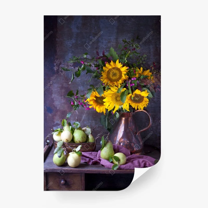 Carta da parati girasoli e pere su tavolo rustico