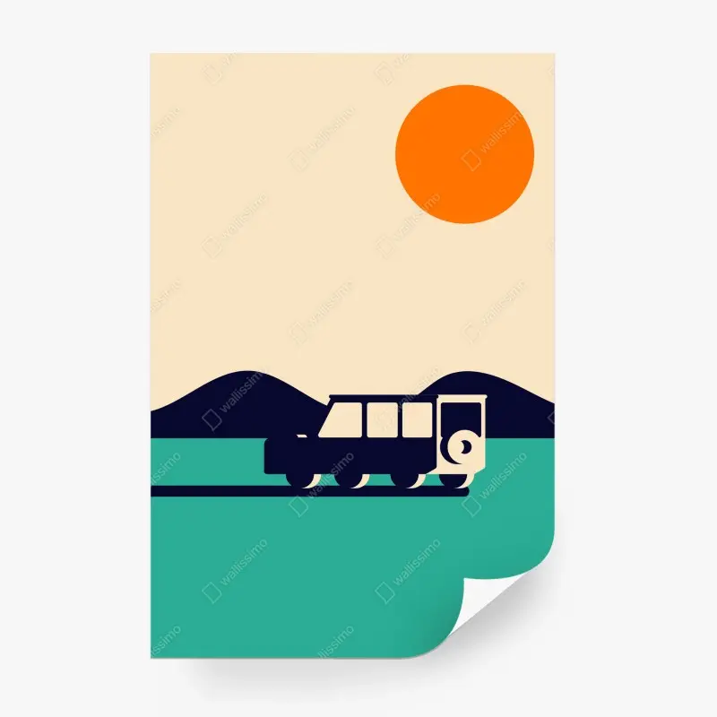 Carta da parati tramonto geometrico con auto retrò