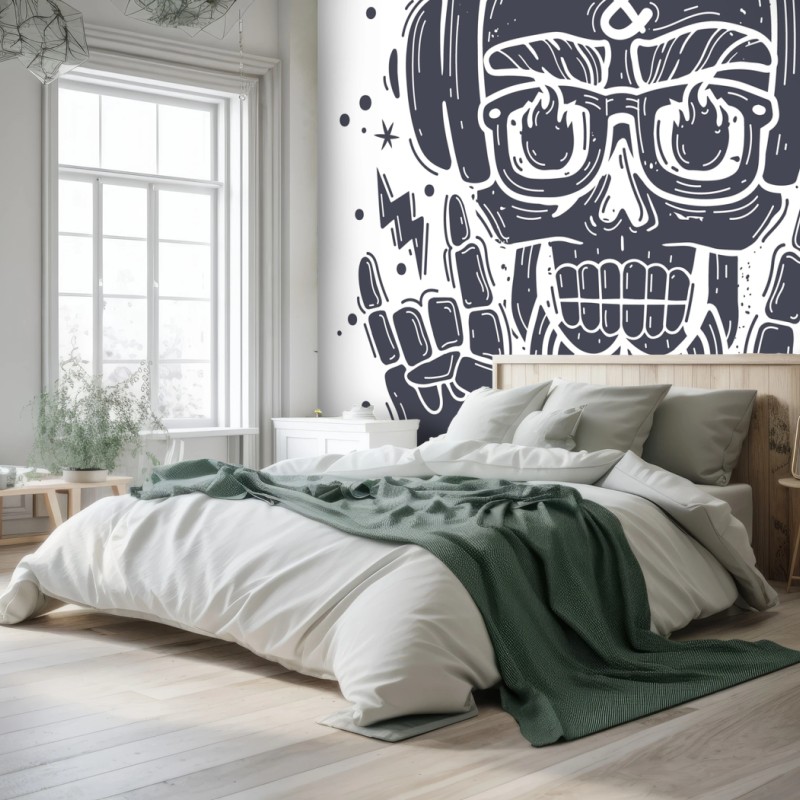 Carta da parati teschio rock con cuffie e boombox