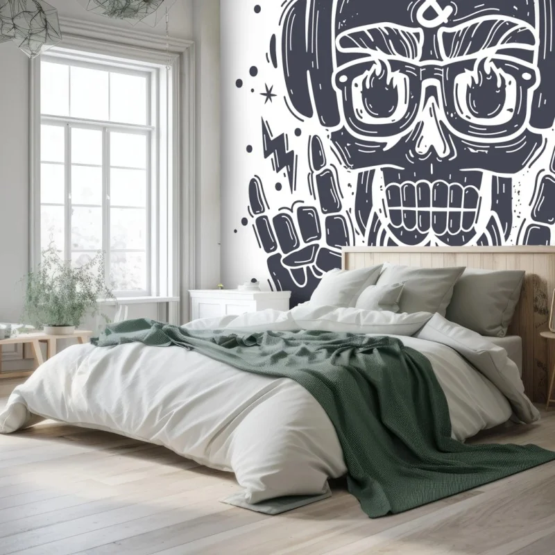 Carta da parati teschio rock con cuffie e boombox