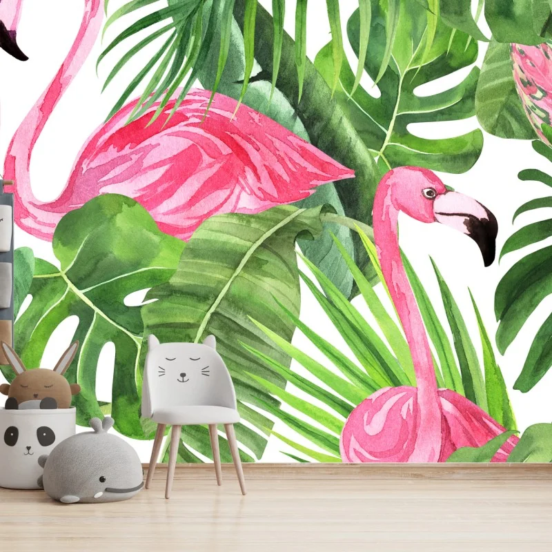 Carta da parati motivo tropicale con fenicotteri rosa