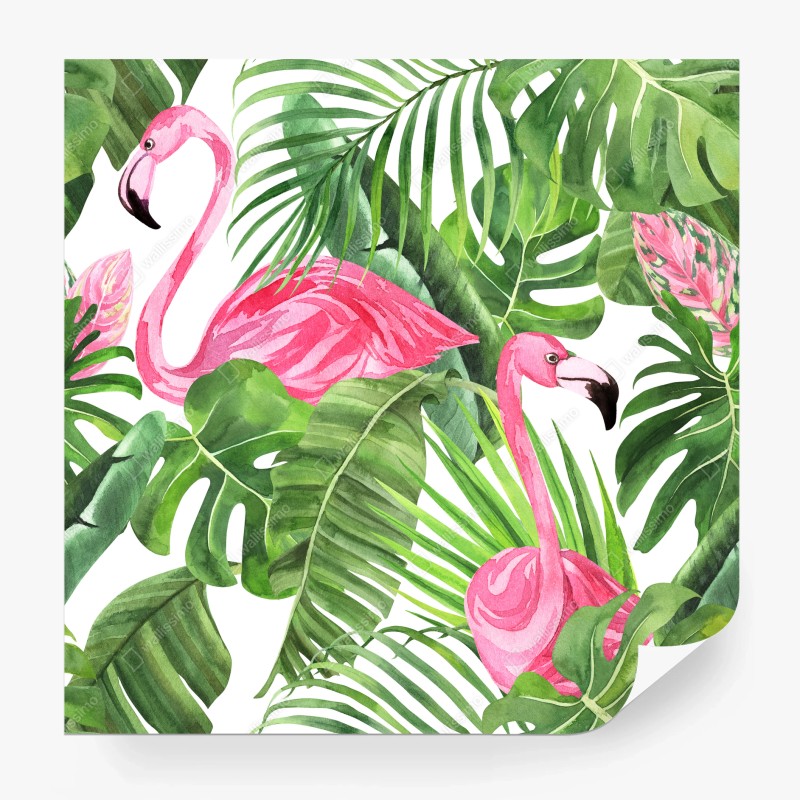 Carta da parati motivo tropicale con fenicotteri rosa