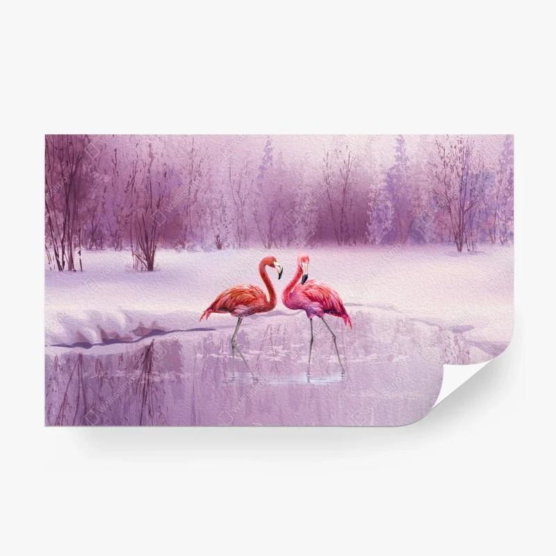 Carta da parati fenicotteri rosa in paesaggio invernale onirico