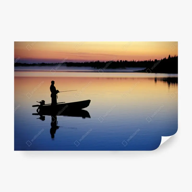 Carta da parati silhouette di pescatore al tramonto sul lago