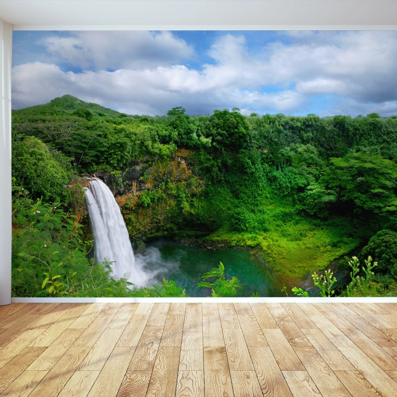 Carta da parati paesaggio tropicale con cascata alle Hawaii