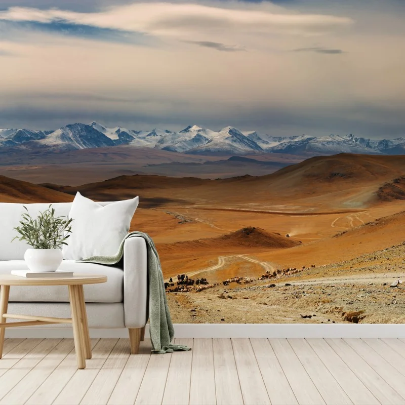 Carta da parati passaggio della mandria nelle steppe della Mongolia